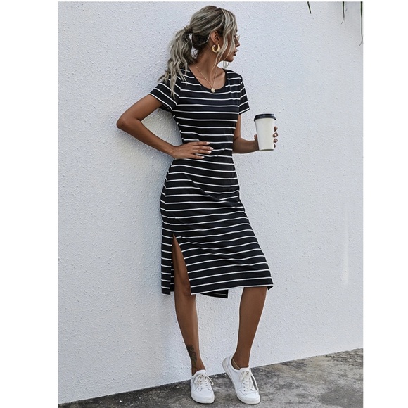 Striped Tee Shirt Dress Side Slits White on Black Short Sleeves - Picture 3 of 8